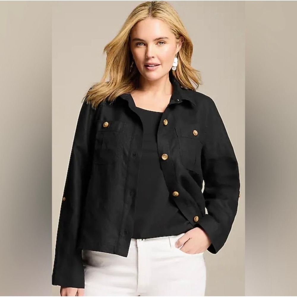 J. Jill Love Linen Utility Safari Jacket Cropped Boxy Oversized Black 3X